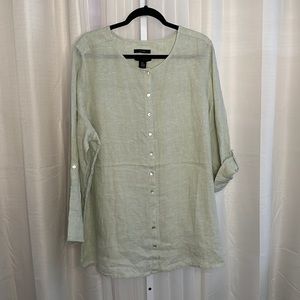 Tahari 100% Linen Shirt Green Button Down Mother of Pearl Buttons 2X XXL